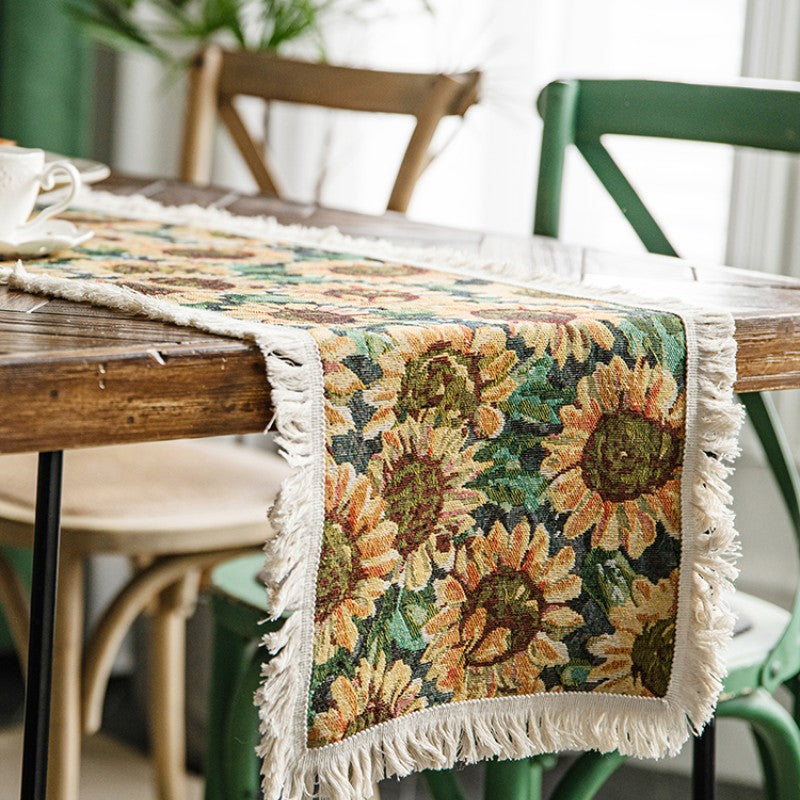 Feblilac The Retro Sunflower Table Decoration Tassel Cotton and Linen Table Runner - view 3
