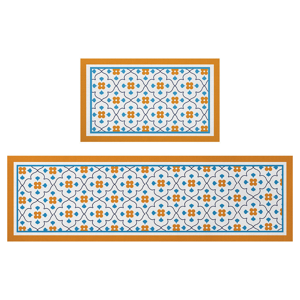 Feblilac Orange and Blue Flower Geometric Pattern PVC Leather Kitchen Mat - Feblilac® Mat