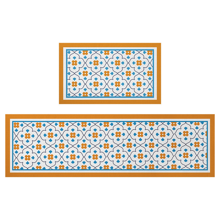 Feblilac Orange and Blue Flower Geometric Pattern PVC Leather Kitchen Mat - Feblilac® Mat