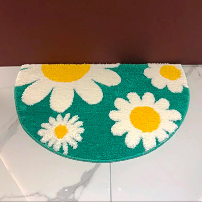 Green Semicircle Daisy Bathroom Mat, White Flower Bath Rug, Nature Bathroom Decor, Soft Water-Absorbent Mat for Bath Shower - Feblilac® Mat