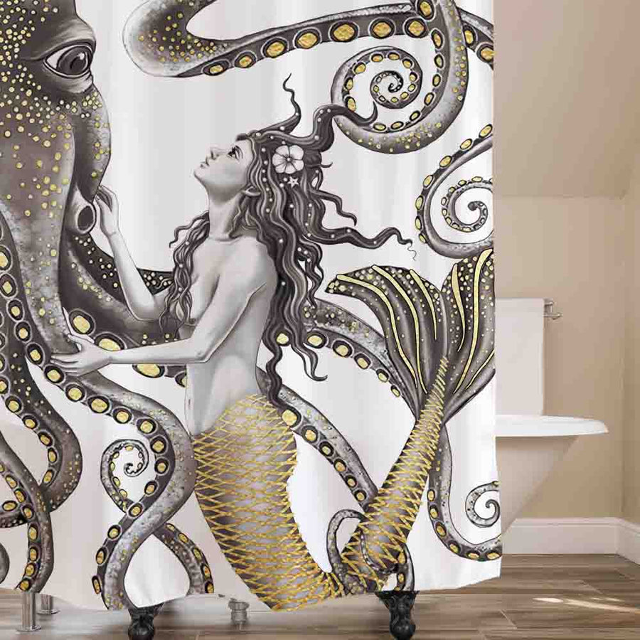 Feblilac Mermaid and Octopus Shower Curtain, Ocean Fantasy Bathroom Curtain