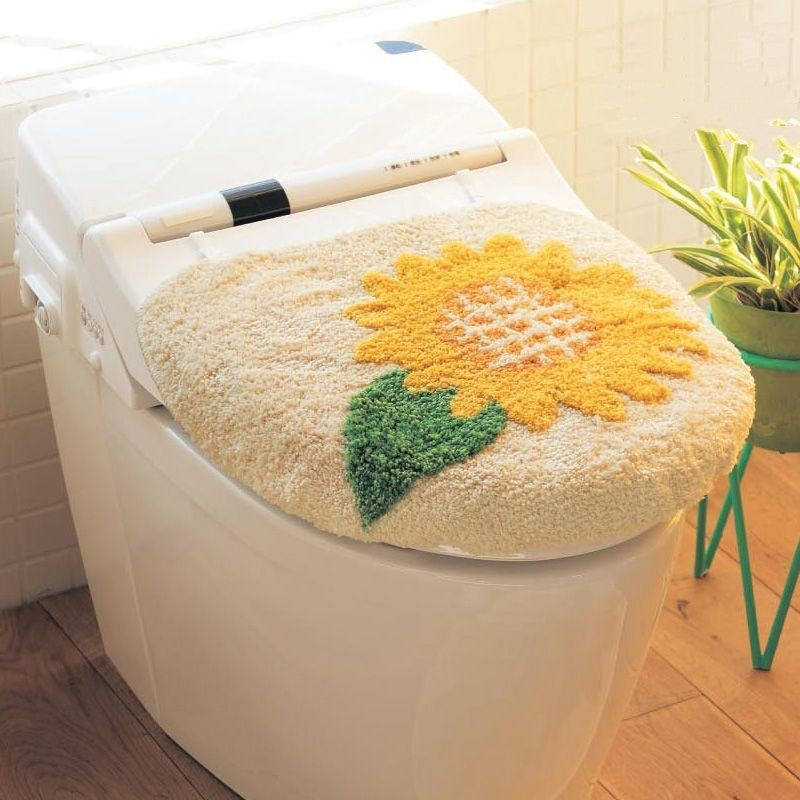 Feblilac Sunflower Cute and Warm Acrylic Fibers U-shape Bathroom Toilet Rugs and Lid Cover Toilet Seat Cover Kit