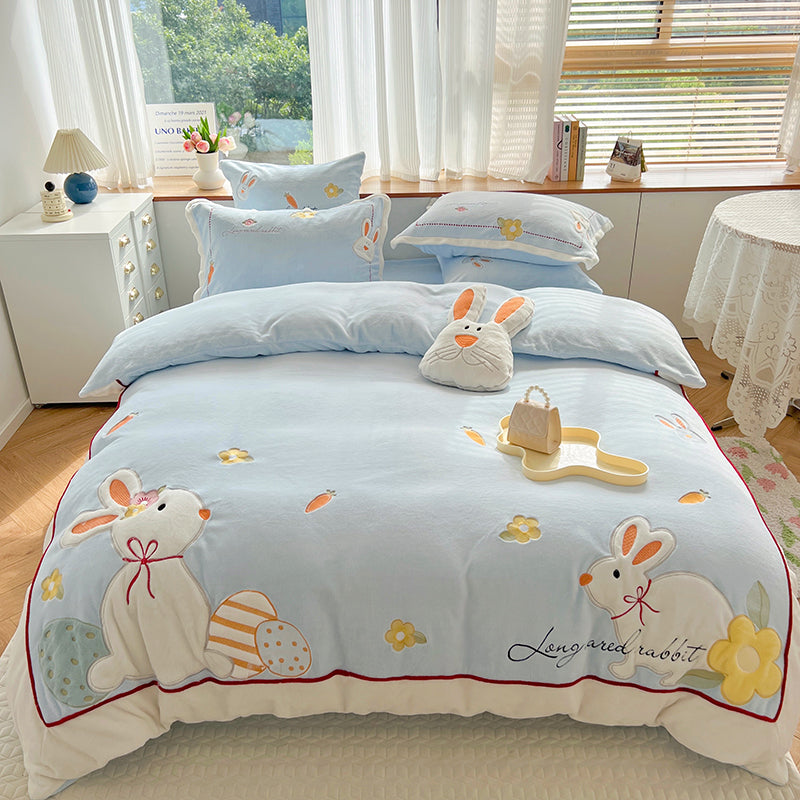 Feblilac Winter Sunflower and Animal Milk Fleece Four-Piece Bed Sets Coral Fleece Quilt Cover