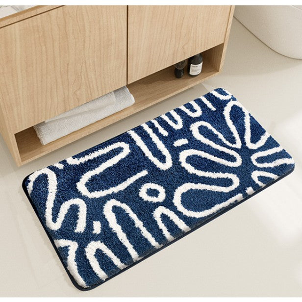 Feblilac Blue and White Abstract Lined Tufted Bathroom Mat Toilet U-Shaped Floor Mat - view 3