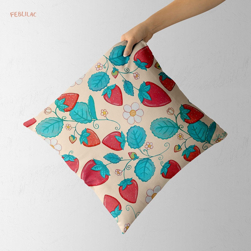 Feblilac Strawberries and Cream Cushion Covers Throw Pillow Covers by AmeliaRose Illustrations from UK