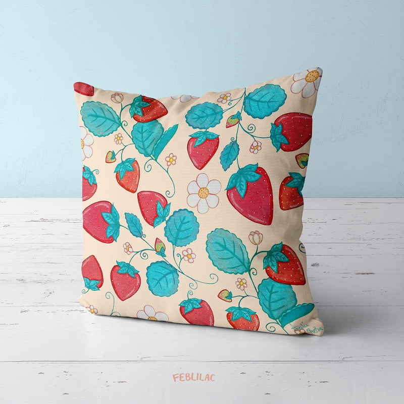 Feblilac Strawberries and Cream Cushion Covers Throw Pillow Covers by AmeliaRose Illustrations from UK