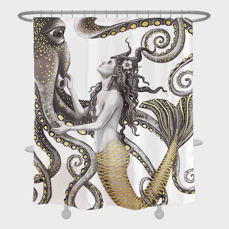 Feblilac Mermaid and Octopus Shower Curtain, Ocean Fantasy Bathroom Curtain - view 2