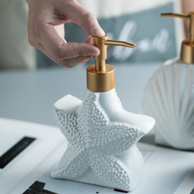 Ocean Style Ceramic Pump Bottle, Simple Design Soap Dispenser, Refillable Reusable Lotion Pump for Bathroom Kitchen