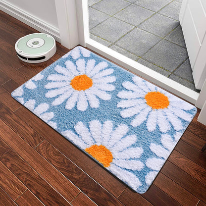 Feblilac Sky Blue Daisy Bath Mat, Flower Floral Bathroom Rug, Soft Plush Water-Absorbent Mat - Feblilac® Mat