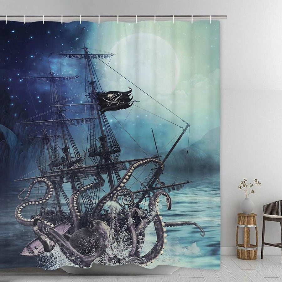 Kraken attack nautical pirate ship shower curtain - view 4