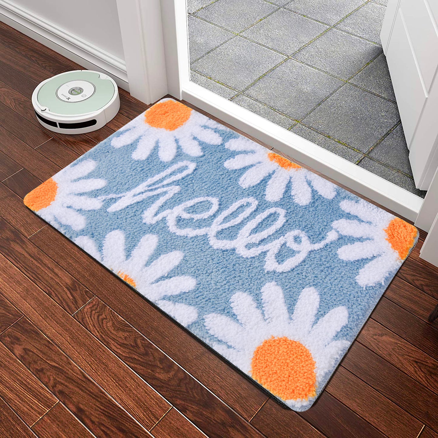 Blue Hello Daisy Bath Mat, Flower Floral Bathroom Rug, Soft Plush Water-Absorbent Mat, 40x60cm or 16x24 inches - Feblilac® Mat