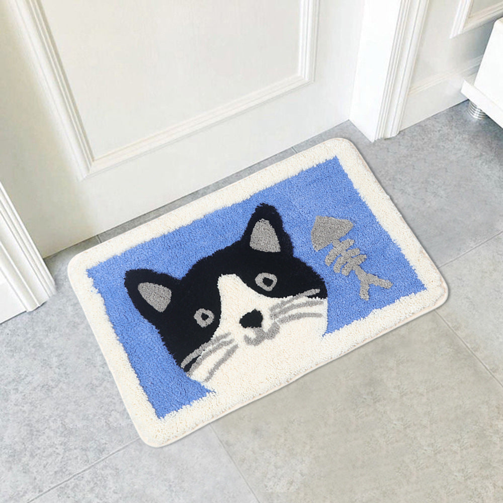 Feblilac Cat and the Fishbone Blue Ground Bath Mat - Feblilac® Mat