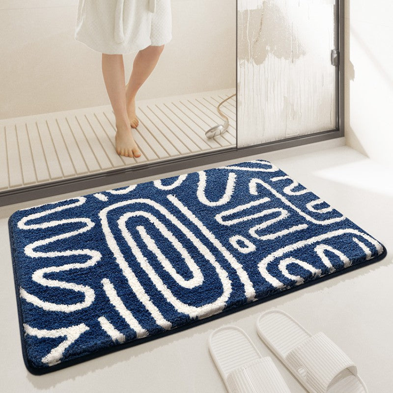 Feblilac Blue and White Abstract Lined Tufted Bathroom Mat Toilet U-Shaped Floor Mat - view 4