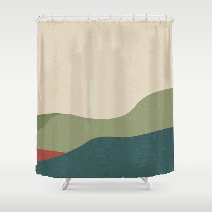 Green Beige Mountain Field Shower Curtain