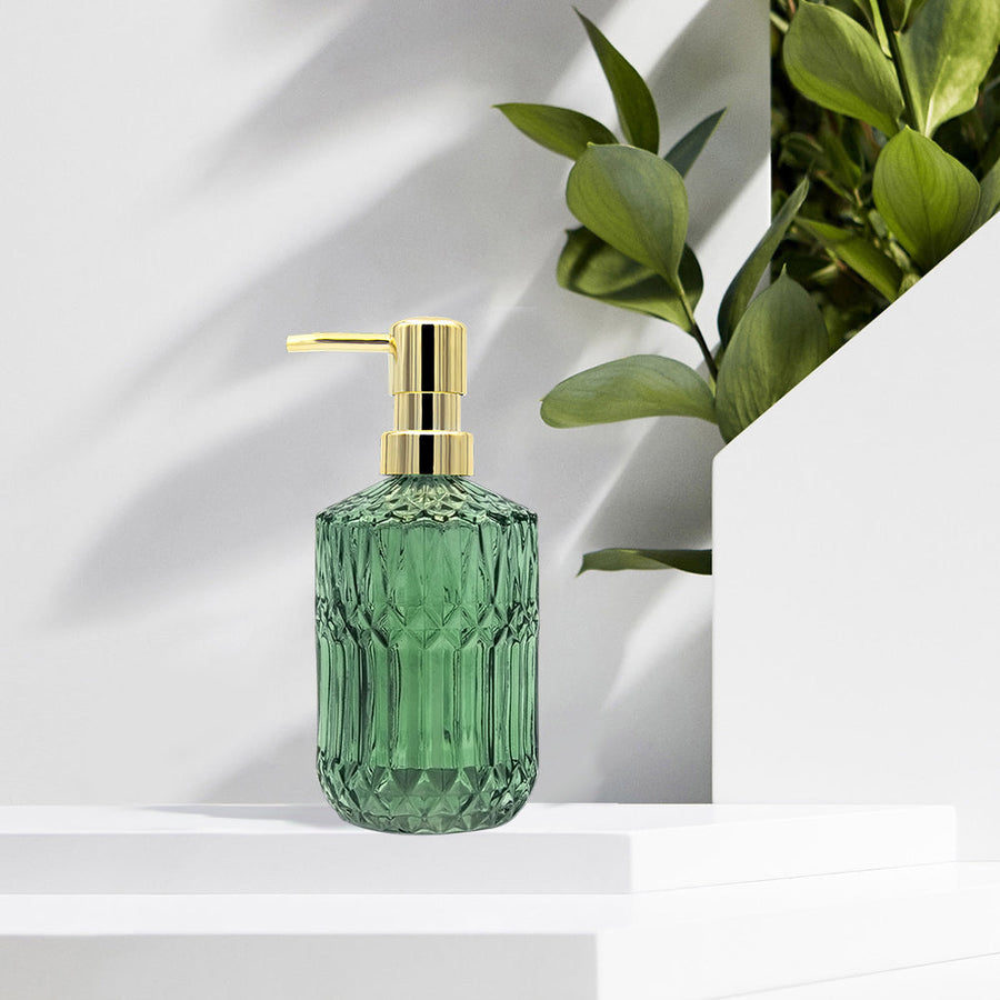 Clear Green Glass Soap Dispenser, Rhomb Pattern Pump Bottle, 400ml/14 oz - view 4