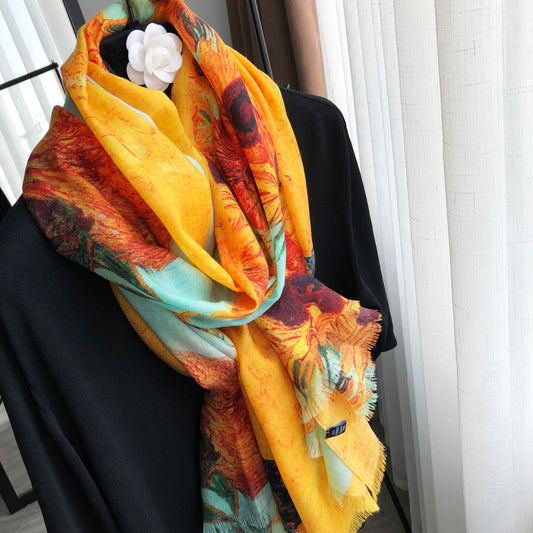 Feblilac Autumn Winter Warm Oil Painting Sunflower Women's Wool Scarf Shawl