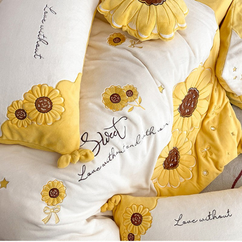 Feblilac Winter Sunflower and Animal Milk Fleece Four-Piece Bed Sets Coral Fleece Quilt Cover