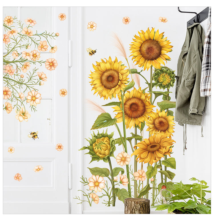 Feblilac Yellow Sunflower And Pink Flowers PVC Self-Adhesive Wall Decals