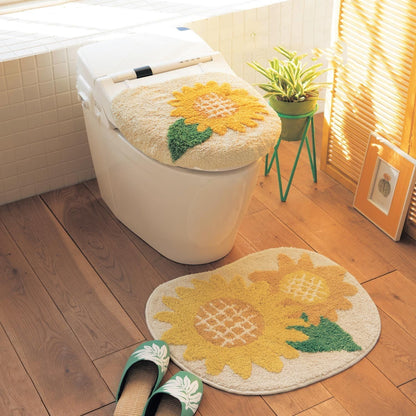 Feblilac Sunflower Cute and Warm Acrylic Fibers U-shape Bathroom Toilet Rugs and Lid Cover Toilet Seat Cover Kit