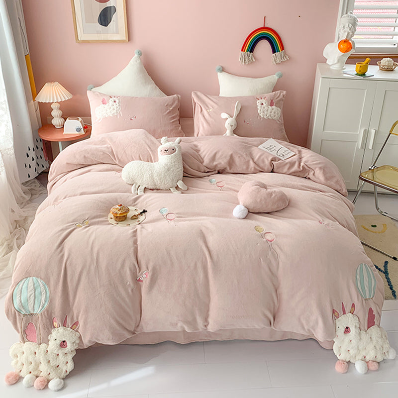 Feblilac Winter Sunflower and Animal Milk Fleece Four-Piece Bed Sets Coral Fleece Quilt Cover