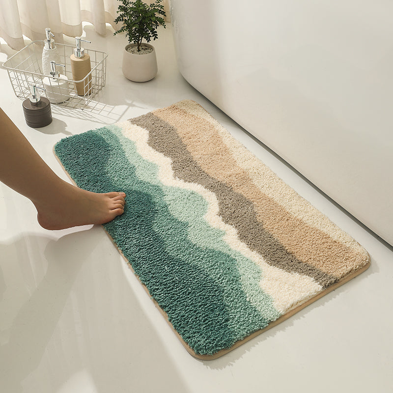 Feblilac Abstract Blue Wave Ocean Bath Mat Green Mountain Rug - view 2