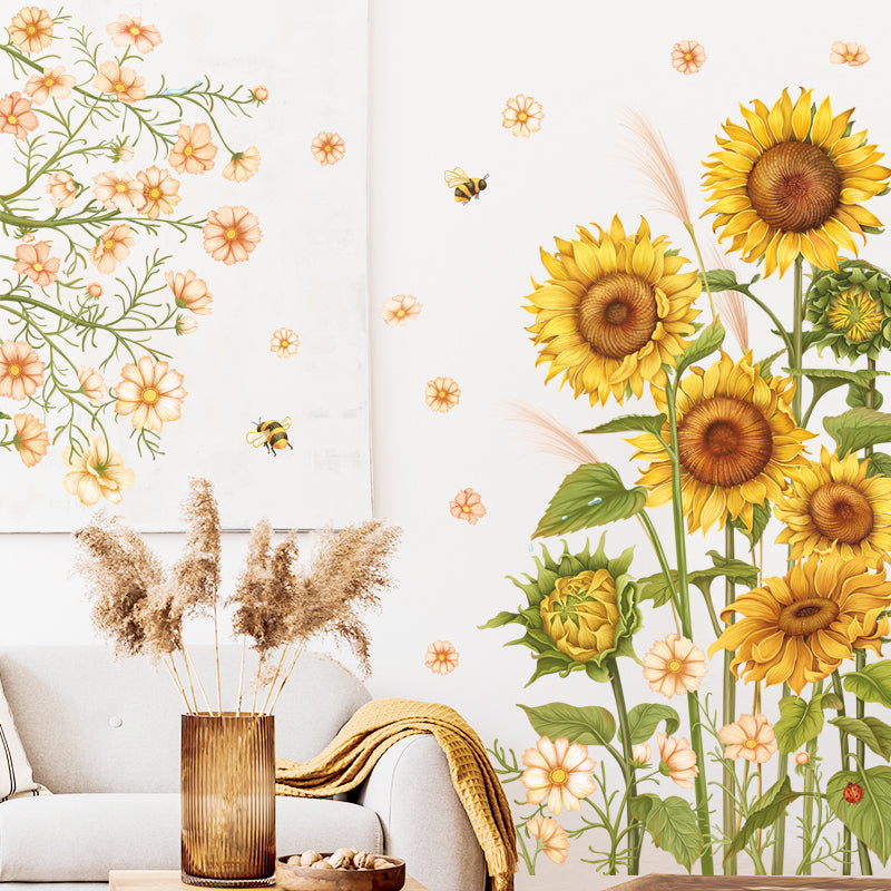 Feblilac Yellow Sunflower And Pink Flowers PVC Self-Adhesive Wall Decals