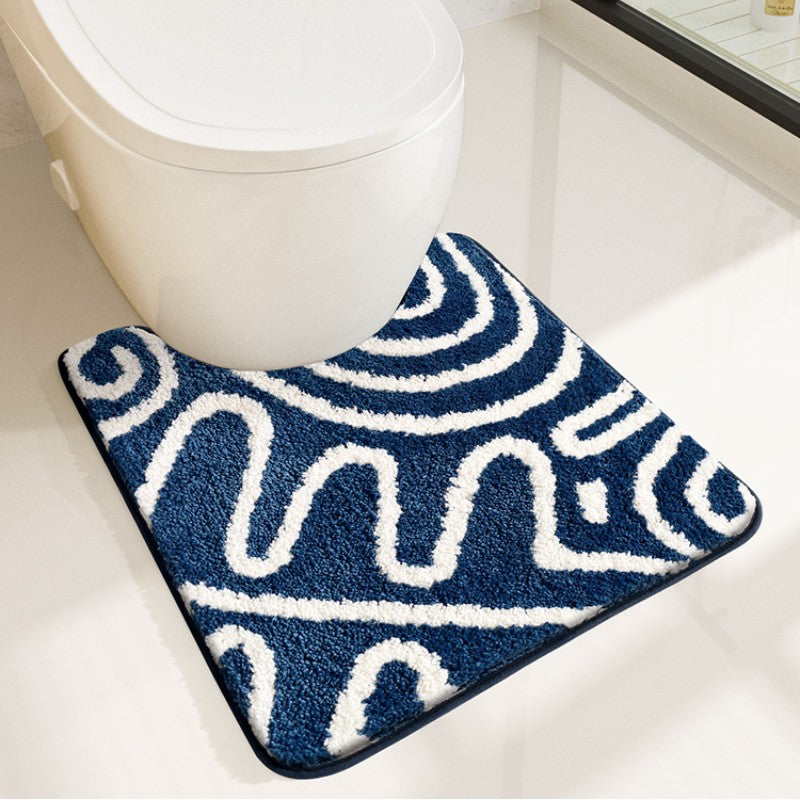Feblilac Blue and White Abstract Lined Tufted Bathroom Mat Toilet U-Shaped Floor Mat - view 2