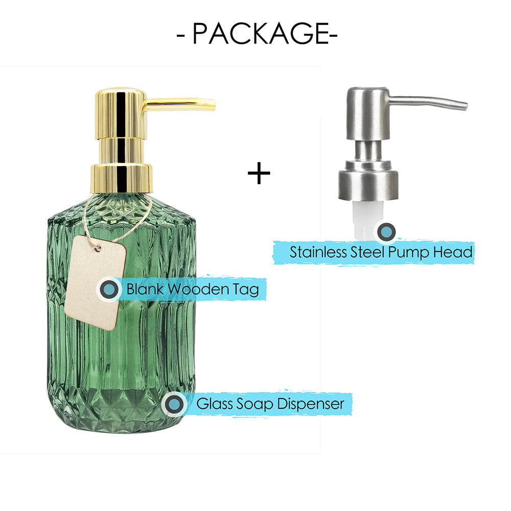 Clear Green Glass Soap Dispenser, Rhomb Pattern Pump Bottle, 400ml/14 oz