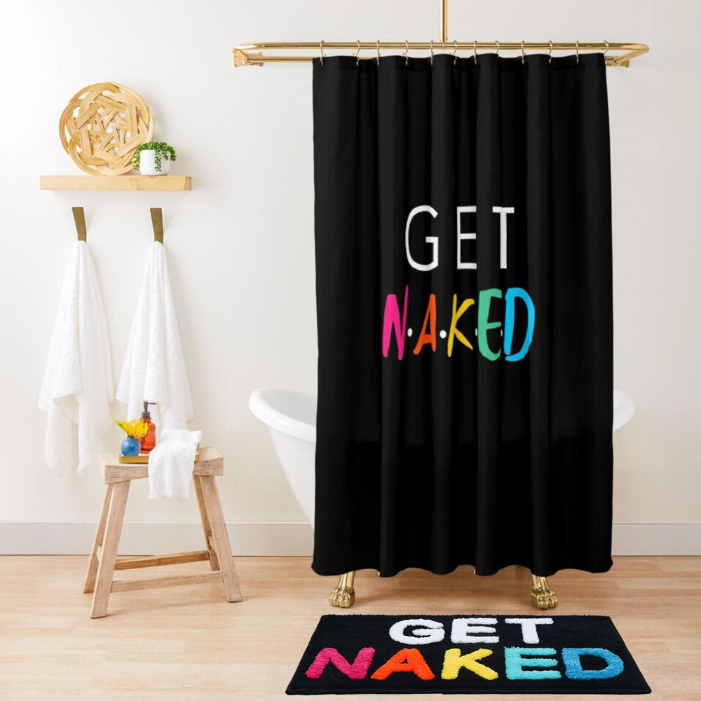 Feblilac Colorful Get Naked Black Ground Shower Curtain with Hooks, Multiple Sized Blue Bathroom Curtains with Ring, Unique Bathroom décor, Quotation Shower Curtain, Customized Shower Curtains, Extra Long Shower Curtain - Feblilac® Mat