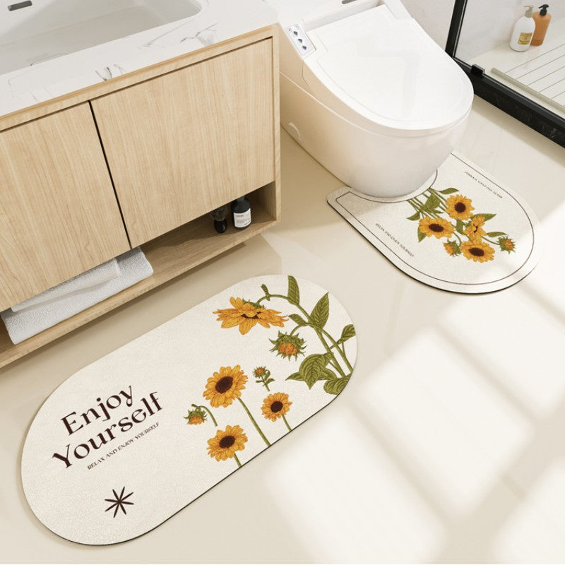 Feblilac Sunflower Oval New Tech Velvet Bathroom Mat Toilet U-Shaped Floor Mat - view 4