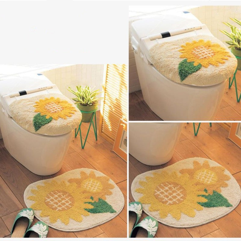 Feblilac Sunflower Cute and Warm Acrylic Fibers U-shape Bathroom Toilet Rugs and Lid Cover Toilet Seat Cover Kit