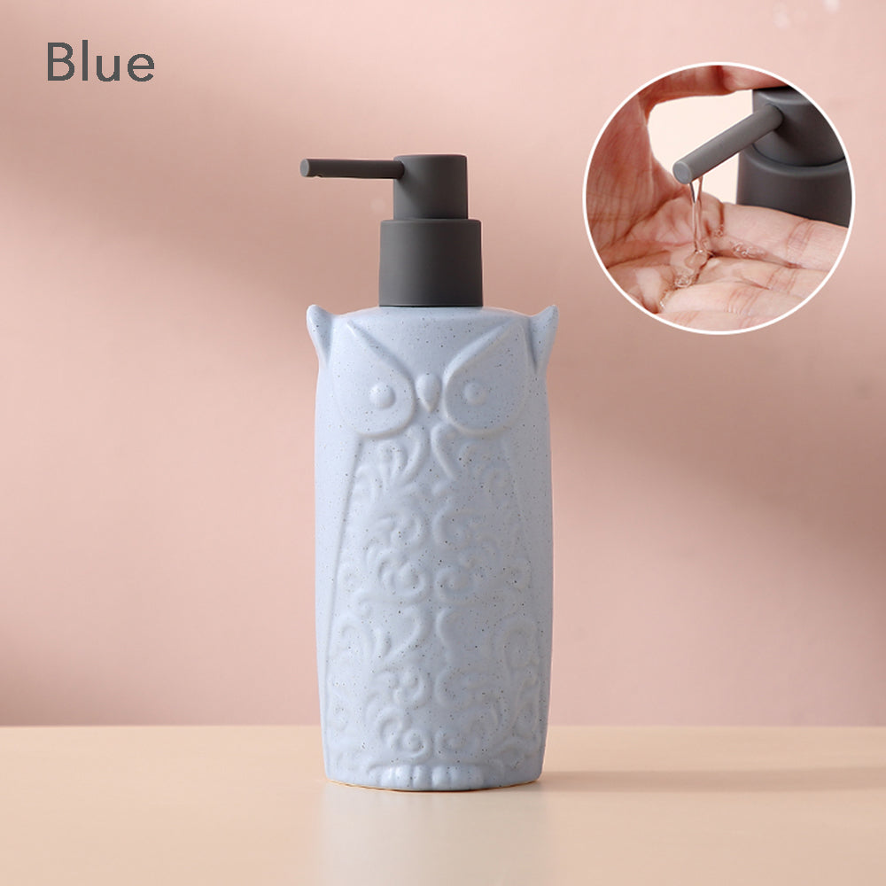 Off white Ceramic Soap Dispenser, Liquid Bathroom Bottle, Owl Design, Refillable Reusable Lotion Pump for Bathroom Kitchen, 480ml/16.23oz