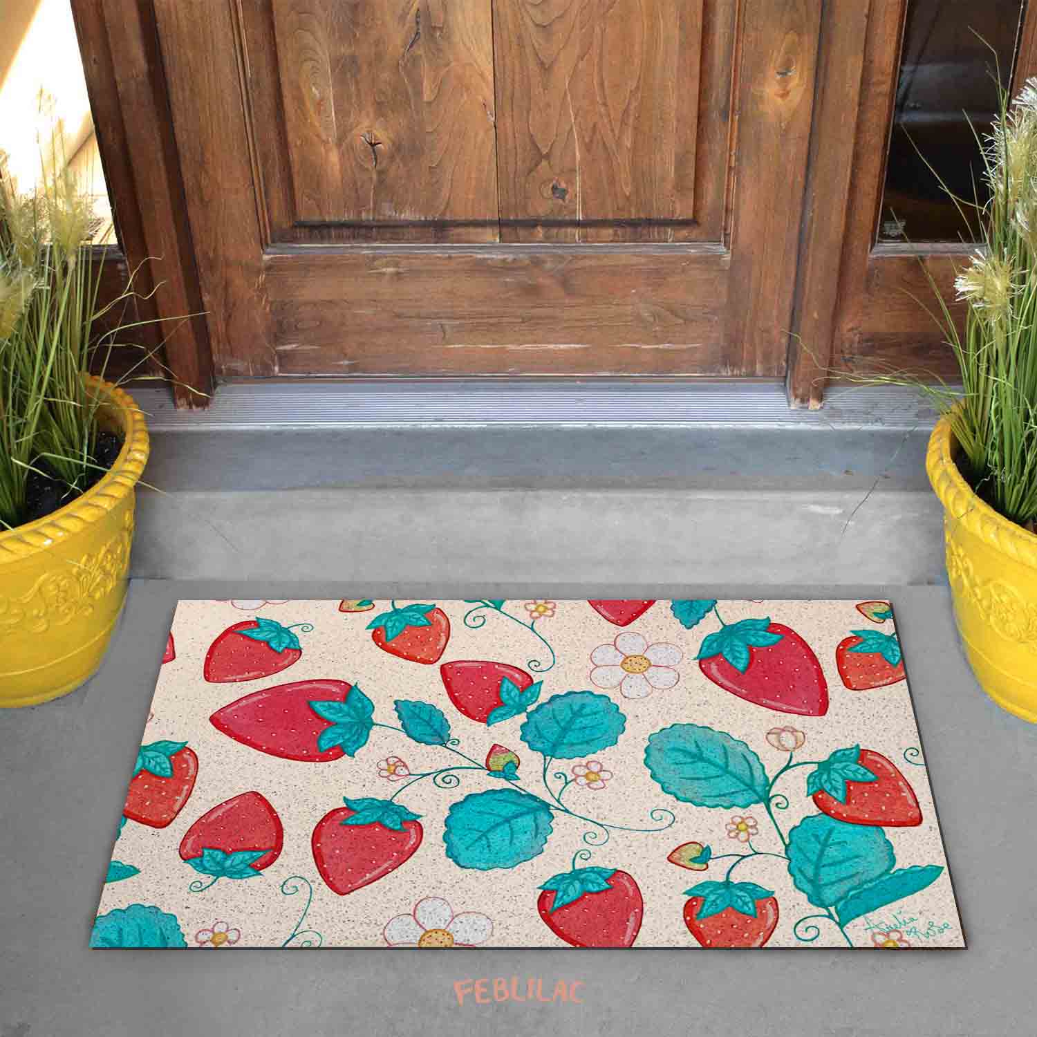 Feblilac Strawberries and Cream PVC Coil Door Mat by AmeliaRose Illustrations from UK