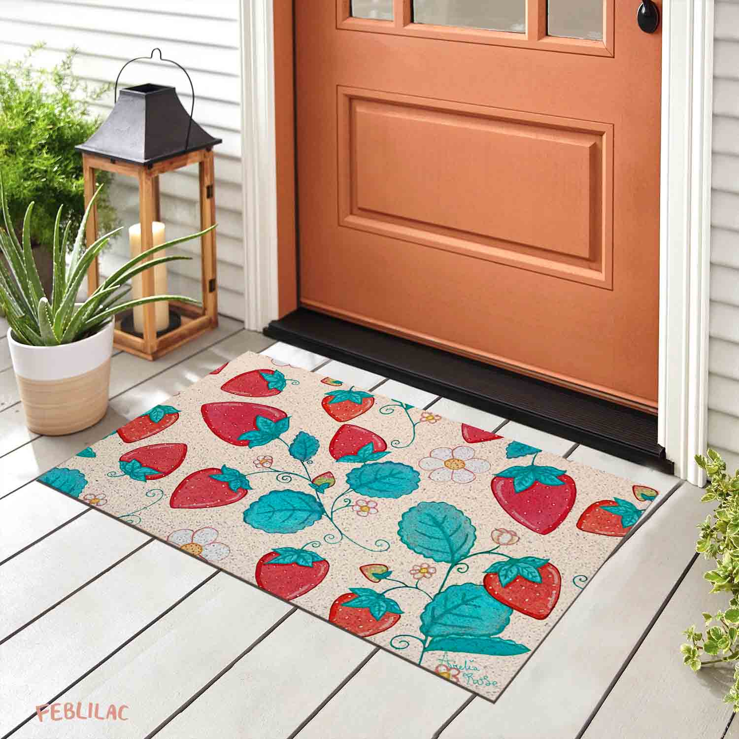 Feblilac Strawberries and Cream PVC Coil Door Mat by AmeliaRose Illustrations from UK
