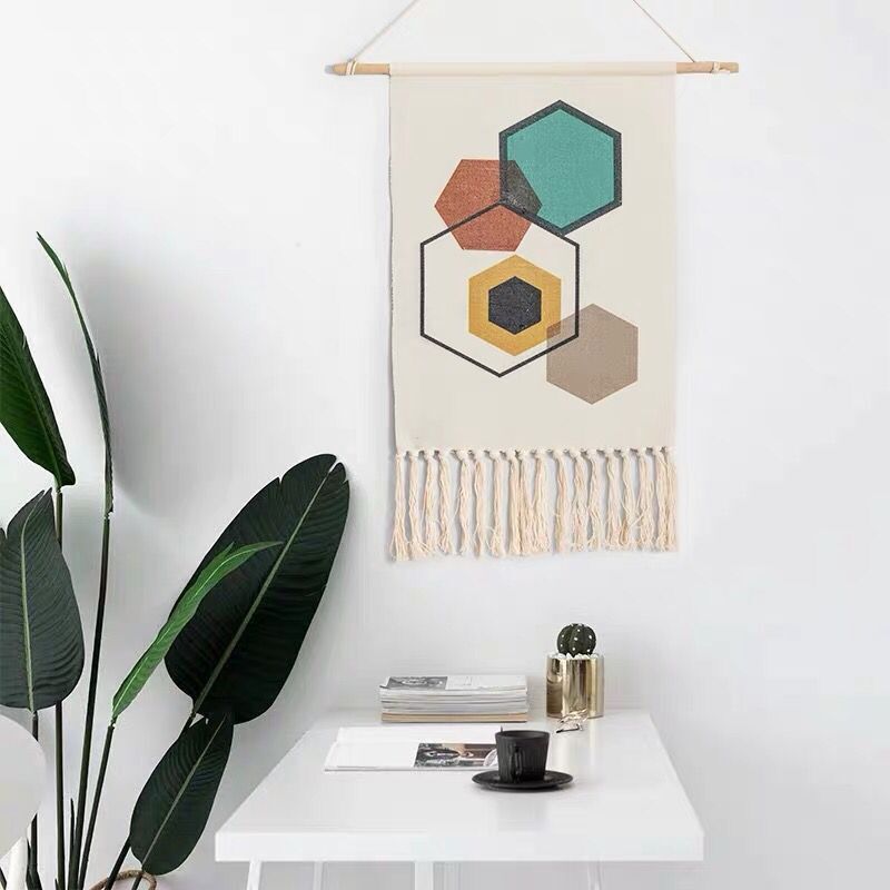 Feblilac Geometrical Pattern Print Tassel Tapestry