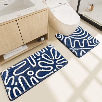 Feblilac Blue and White Abstract Lined Tufted Bathroom Mat Toilet U-Shaped Floor Mat