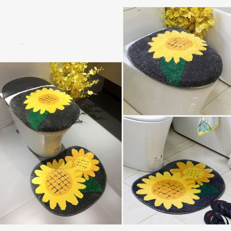 Feblilac Sunflower Cute and Warm Acrylic Fibers U-shape Bathroom Toilet Rugs and Lid Cover Toilet Seat Cover Kit