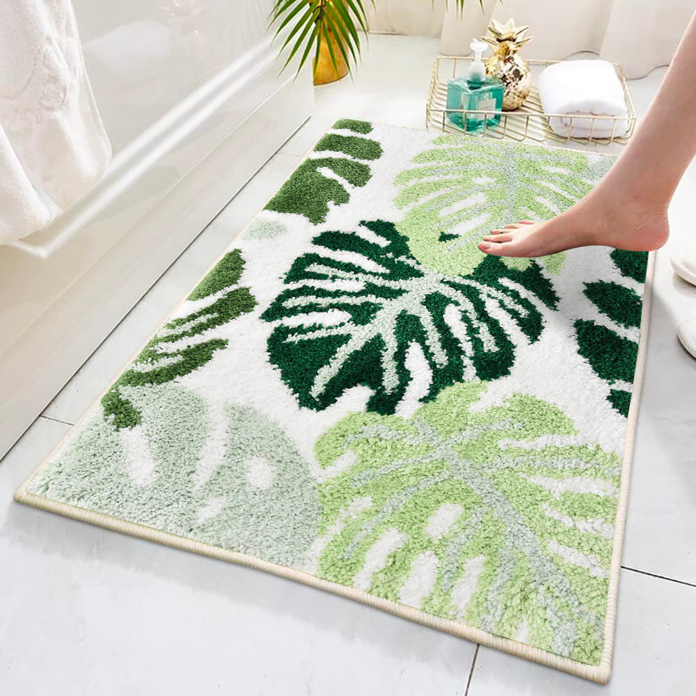 Cute Soft Green Leaf Bathroom Rug, Multiple Sized Floral Non Slip