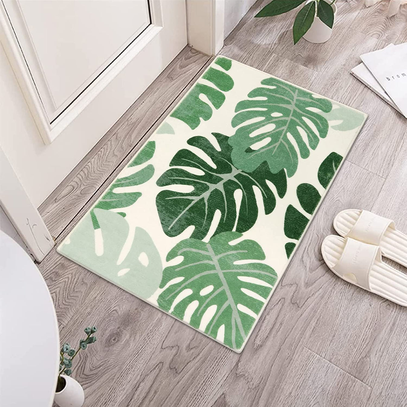 Green Leaves Bathroom Rugs Mat, Non Slip Leaf Microfiber Bath Mat ...