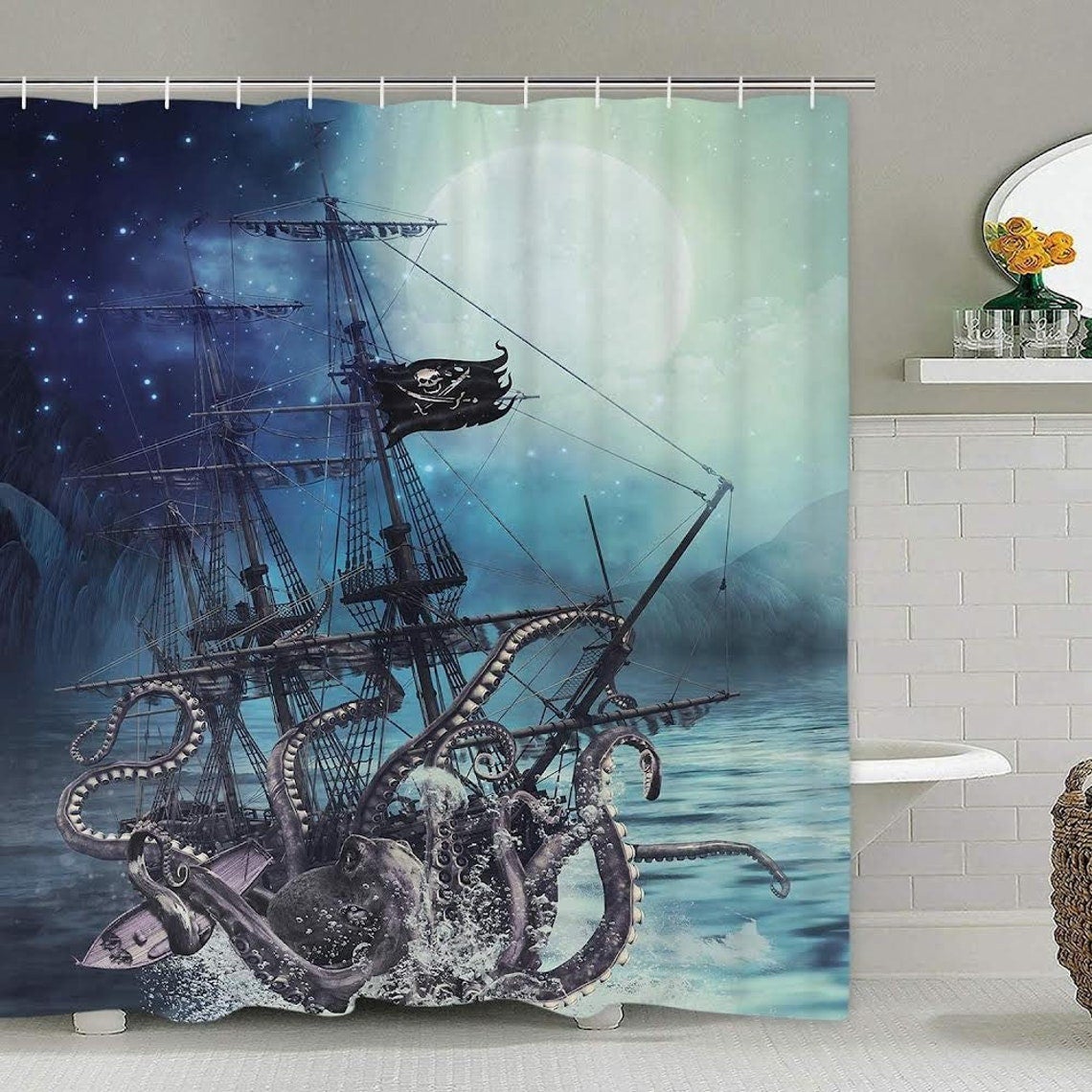 Kraken attack nautical pirate ship shower curtain