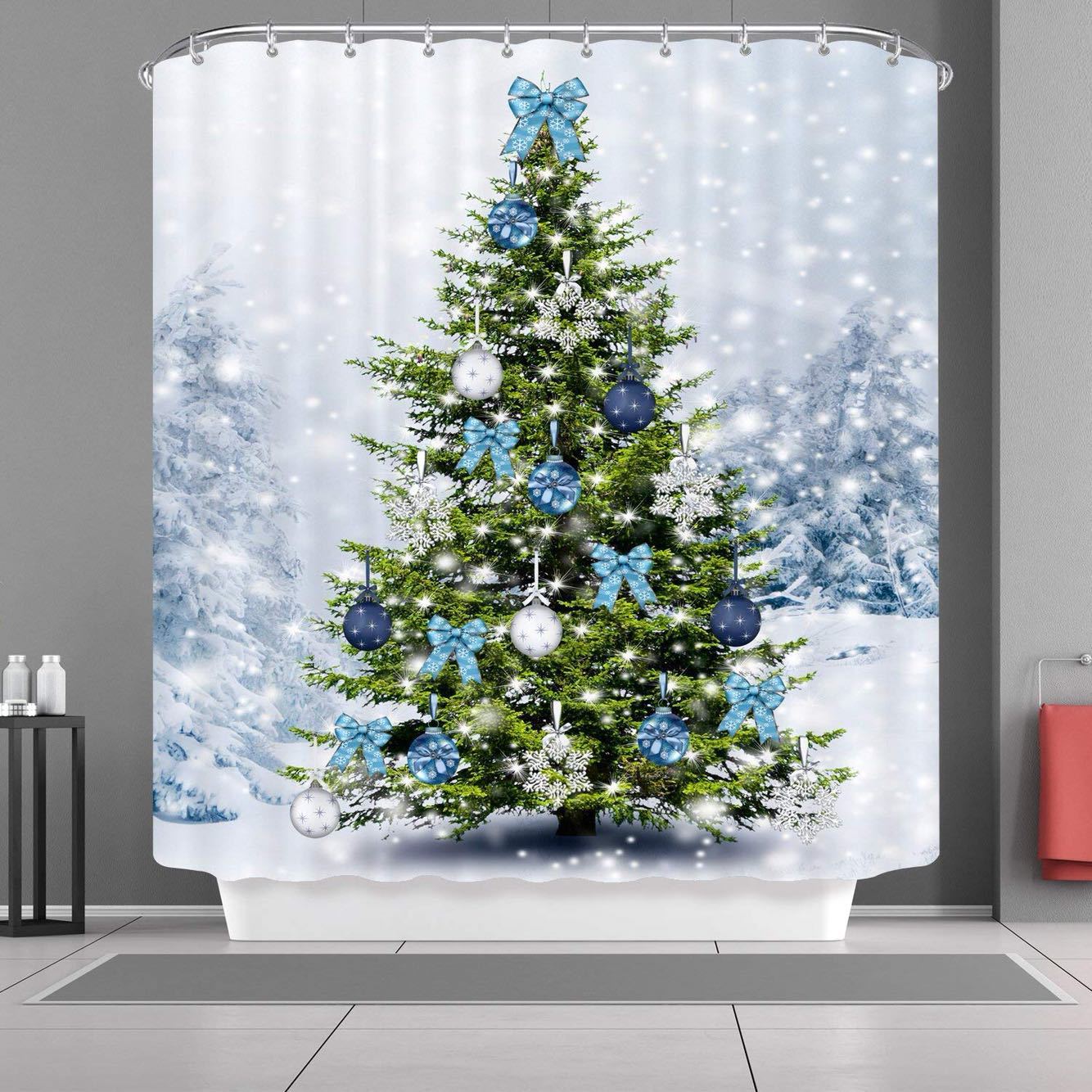 Feblilac Snow Christmas Tree Shower Curtain with Hooks - Feblilac® Mat