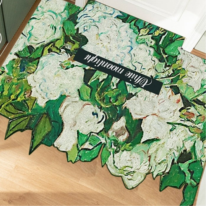 Feblilac White Rose Oil Painting PVC Leather Entrance Door Mat