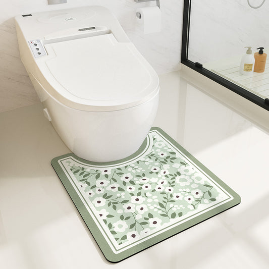 Feblilac White Flower Green Leaves Oval New Tech Velvet Bathroom Mat Toilet U-Shaped Floor Mat