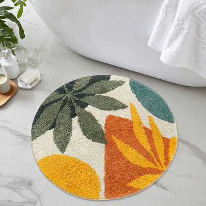 Round Bathroom Rug, Colorful Abstract Leaves Bath Mat
