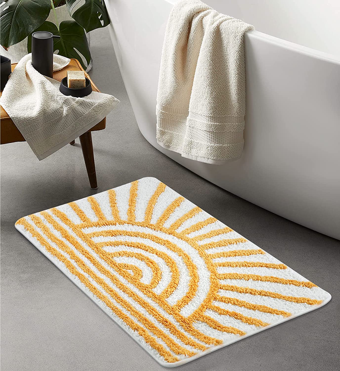 Boho Bathroom Rugs, Yellow and White Sun Bath Mat