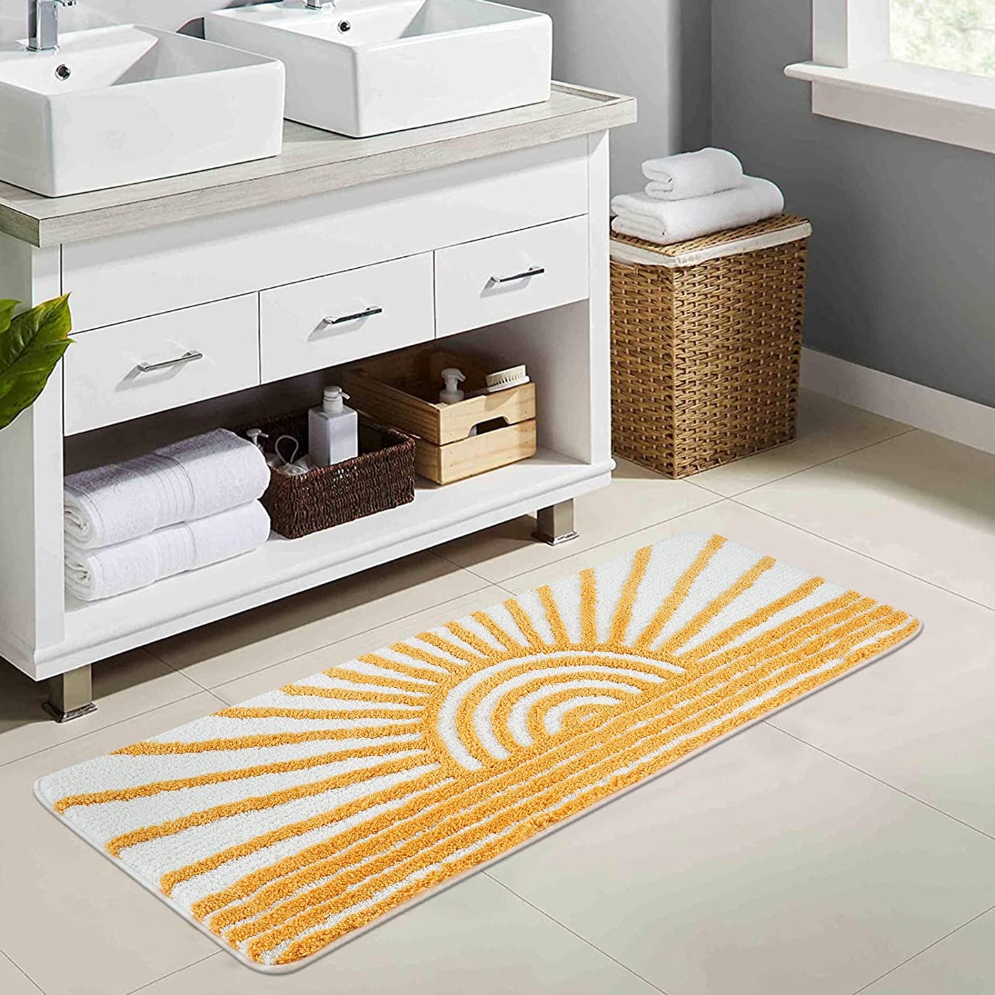 Boho Bathroom Rugs, Yellow and White Sun Bath Mat