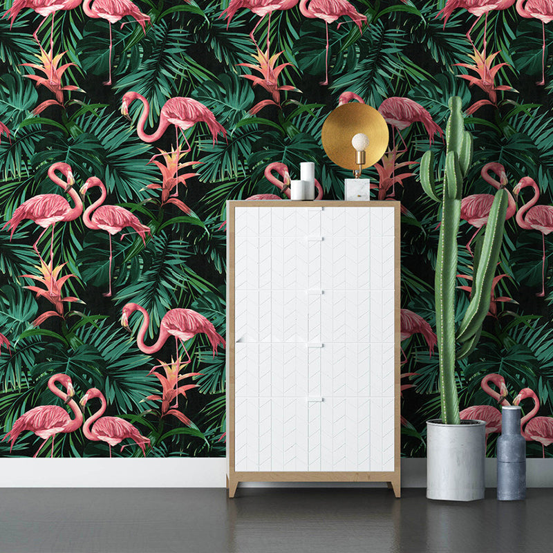 Vinyl 33' by 20.5" Tropical Non-Pasted Flamingo and Botanical Leaf Wallpaper Green Clearhalo 'Modern wall decor' 'Modern' 'Tropical wall decor' 'Tropical' 'Wallpaper' Wall Decor' 893476