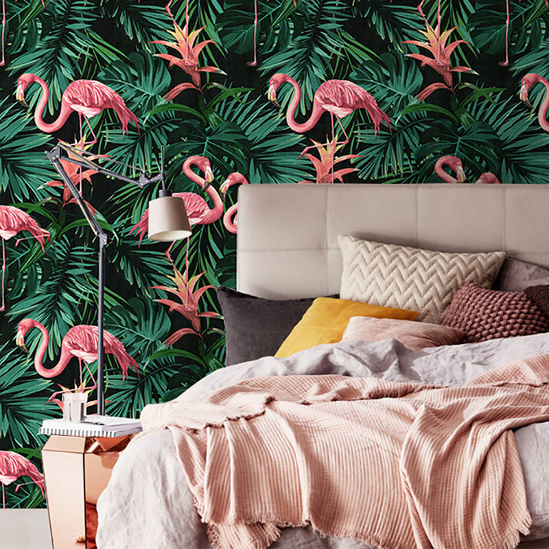 Vinyl 33' by 20.5" Tropical Non-Pasted Flamingo and Botanical Leaf Wallpaper Clearhalo 'Modern wall decor' 'Modern' 'Tropical wall decor' 'Tropical' 'Wallpaper' Wall Decor' 893477