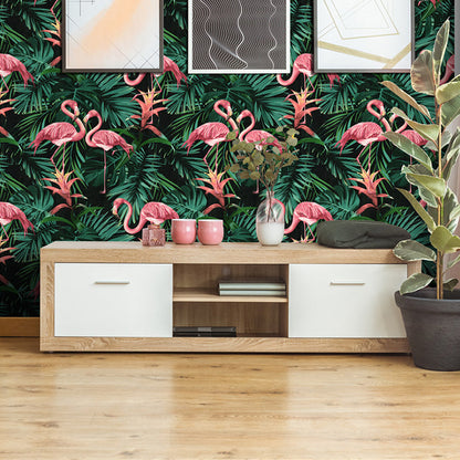 Vinyl 33' by 20.5" Tropical Non-Pasted Flamingo and Botanical Leaf Wallpaper Clearhalo 'Modern wall decor' 'Modern' 'Tropical wall decor' 'Tropical' 'Wallpaper' Wall Decor' 893478