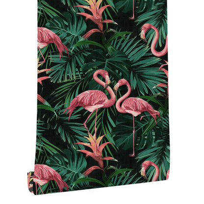 Vinyl 33' by 20.5" Tropical Non-Pasted Flamingo and Botanical Leaf Wallpaper Clearhalo 'Modern wall decor' 'Modern' 'Tropical wall decor' 'Tropical' 'Wallpaper' Wall Decor' 893479